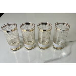 Set of 4 Vintage Gold Grid Highball Glasses | Mid Century Modern Barware | 12 oz